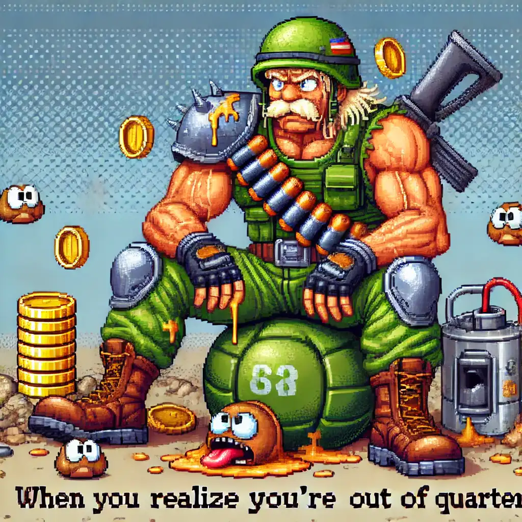DALL·E 2024-11-11 18.38.41 - Create a humorous image related to the game Metal Slug. Show a scene where one of the main characters from the Metal Slug series, dressed in their ico.webp